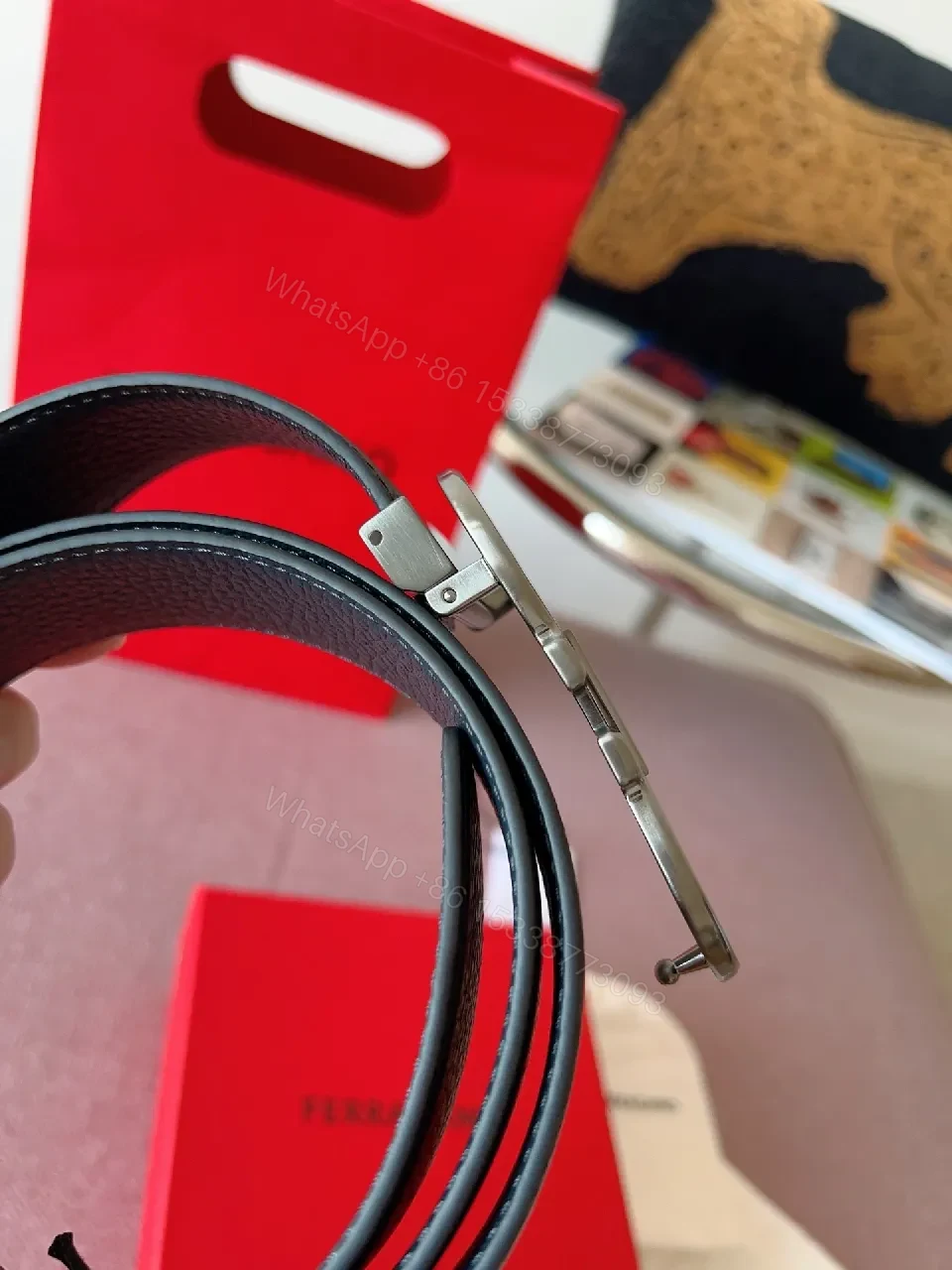 View 4 of Pebble Leather Belt with Bold Ferragamo-Style Buckle, Black, 1.5"
