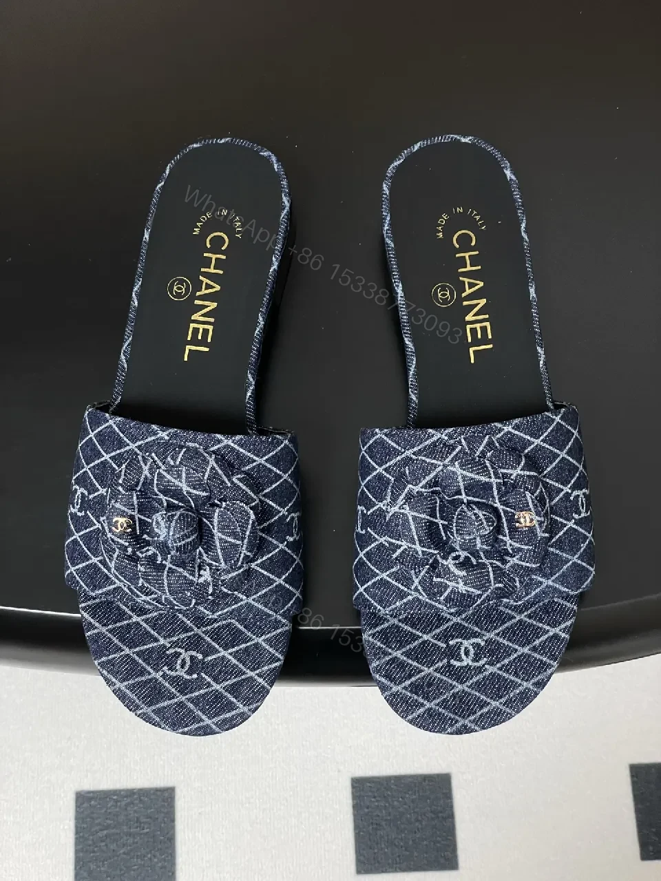 View 2 of Denim Pattern Slip-Ons with Signature Flower Bow Mule