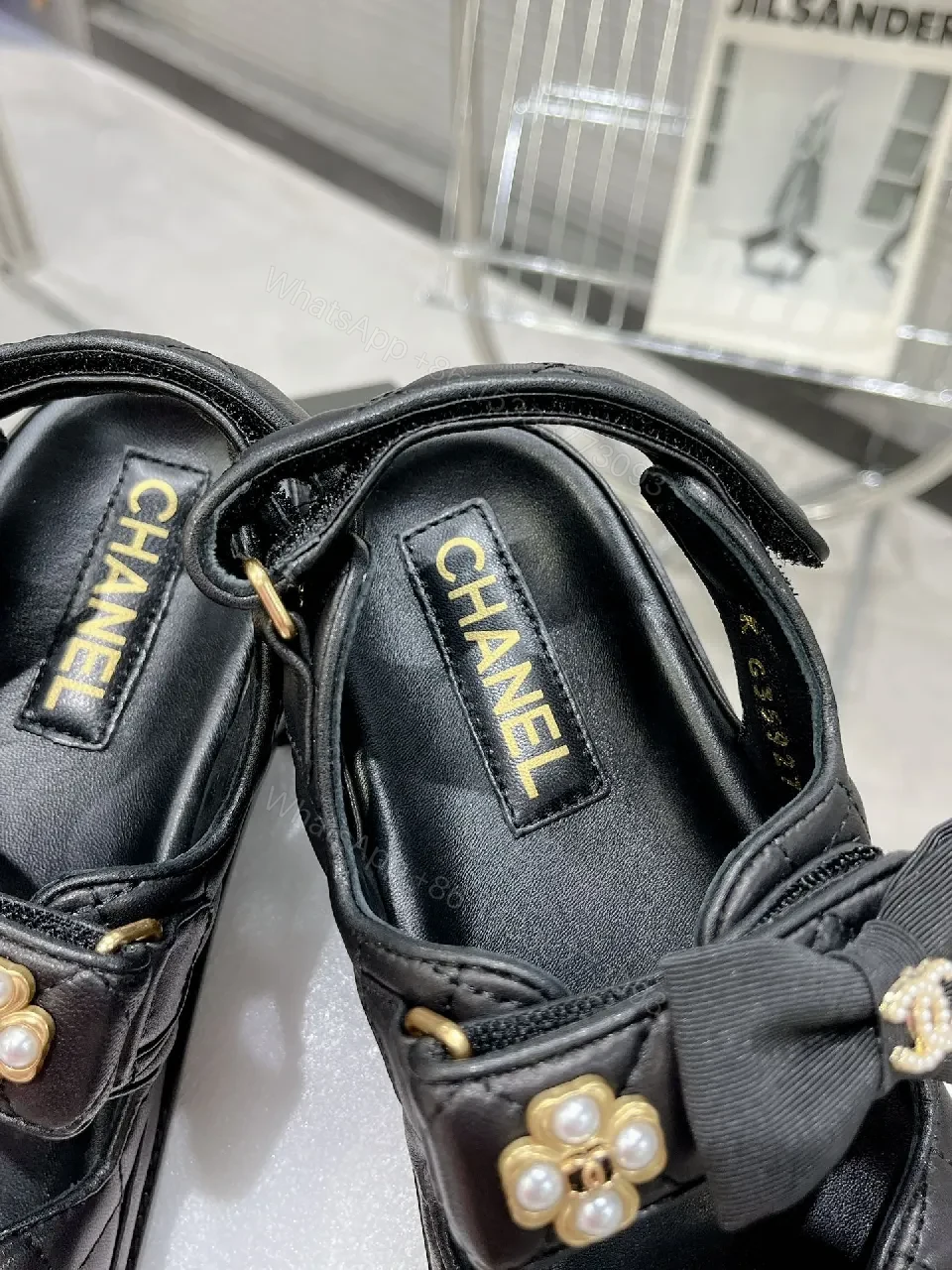 View 9 of Quilted Black Sandal: Pearl-Embellished Chic Comfort Sandal