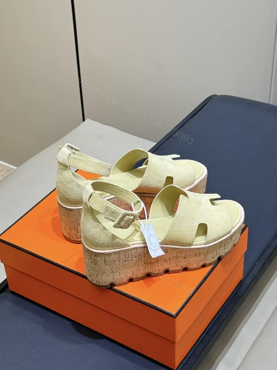 View 5 of Neutral Suede Open-Toe Sandals with Cork-Wedge Platform, Chic, All-Day Comfort