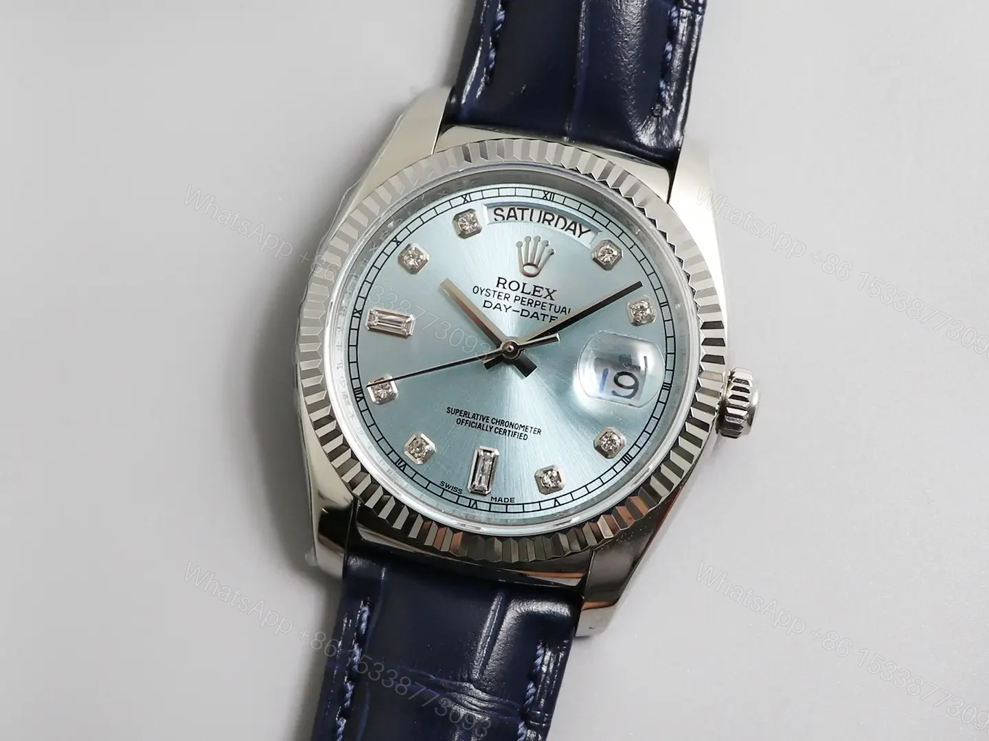 Fake Rolex Day-Date Ice Blue Diamond Premium 128236-ROLEX-DD36-ICE-DIA ROLEX-DD36-ICE-DIA Leather Strap 36MM — view 1