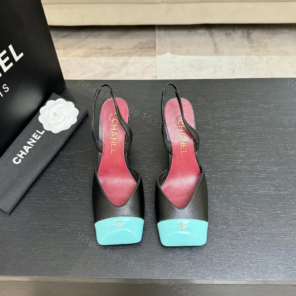 View 8 of Color-Block Leather Slingback Heels with Turquoise Toe Cap
