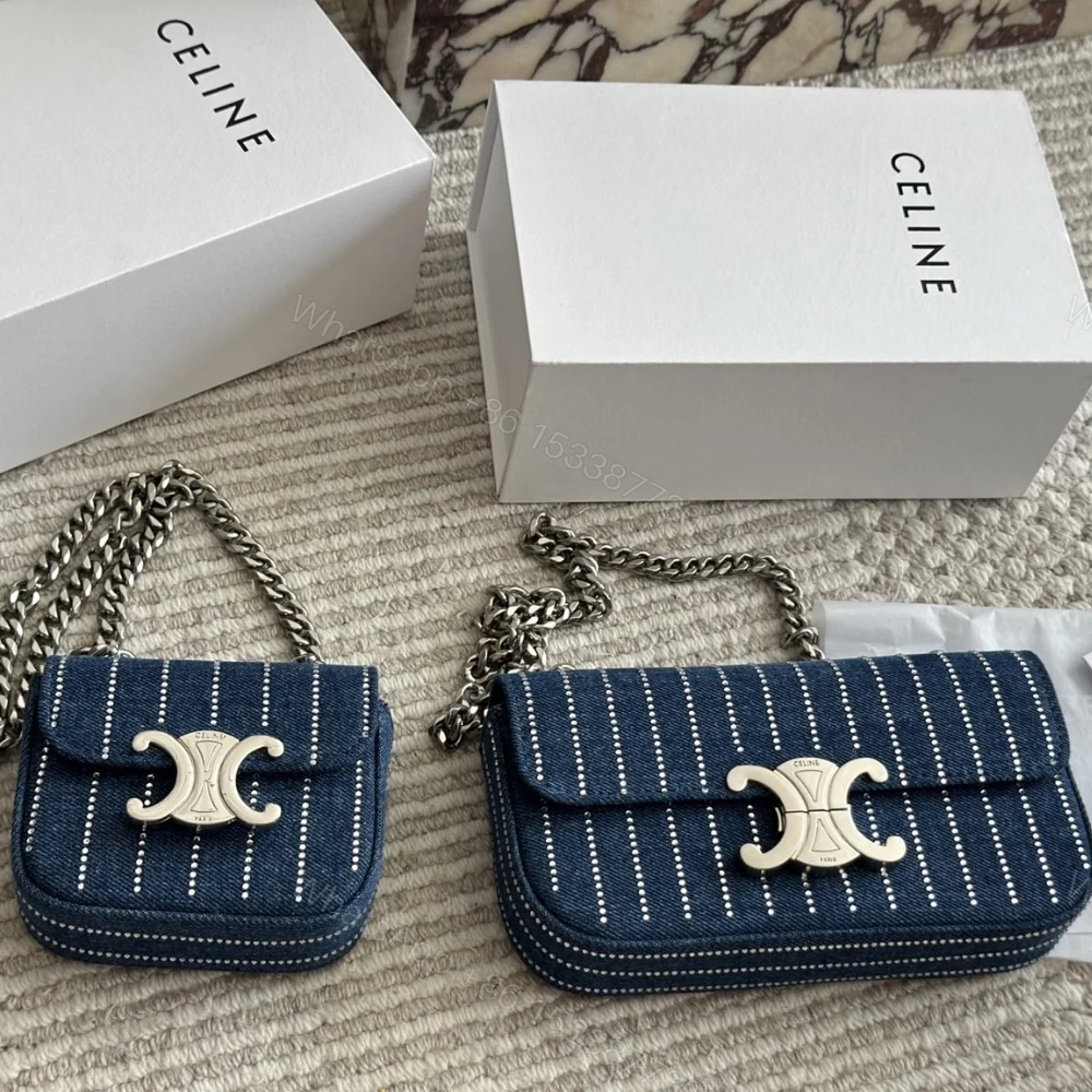 View 4 of CELINE MINI CHAIN CLAUDE IN STRIPED DENIM WITH STRASS BLUE 12CM 10L842GGJ 07DD