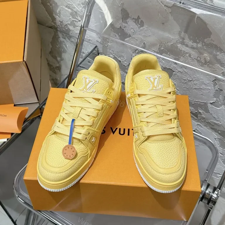 View 2 of Yellow LV-Accent High-Tops: Premium Leather-Synthetic Sneakers