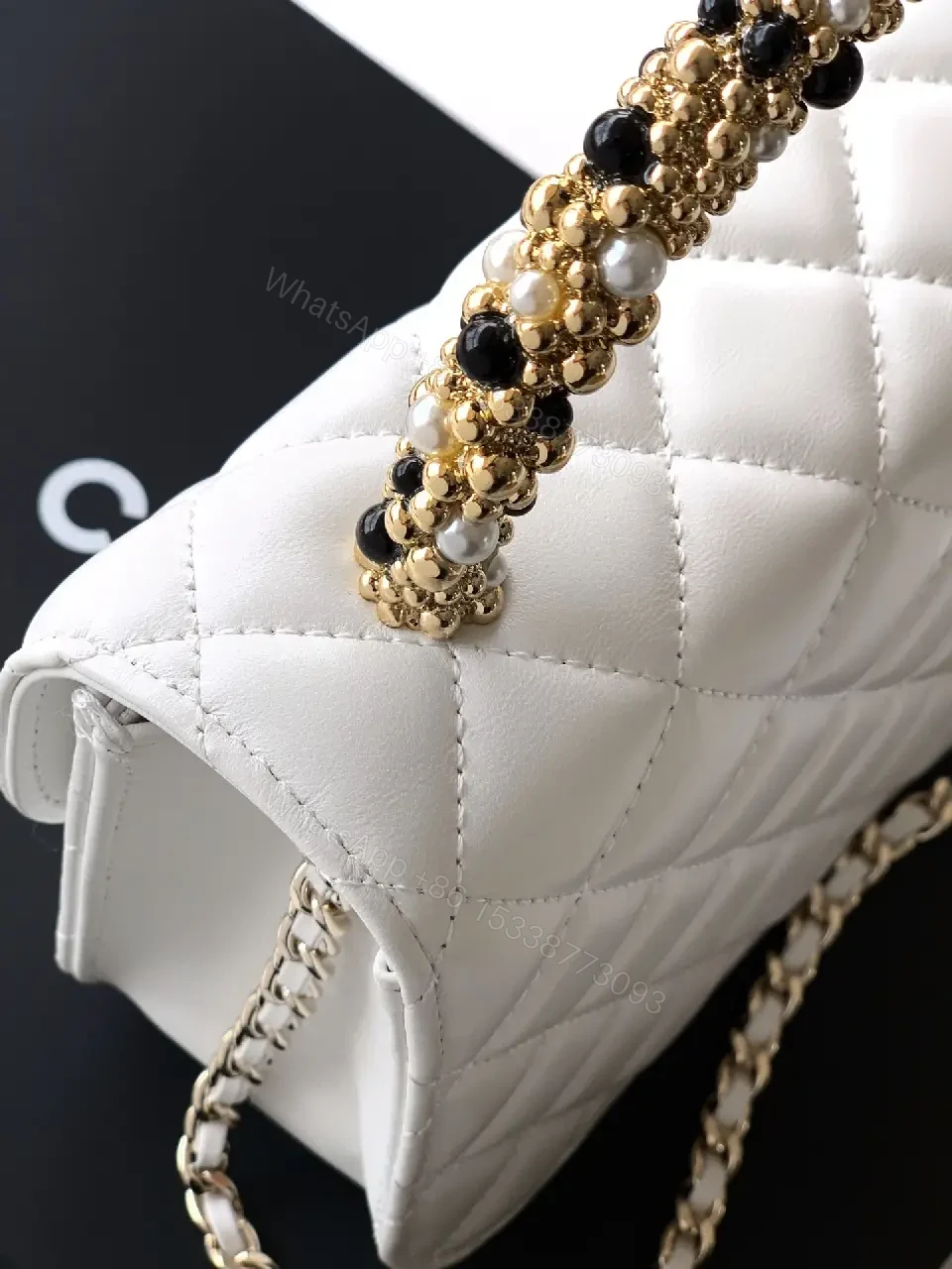 View 9 of Pearl-Chain Quilted Mini Bag - White Leather, Gold Accent, Crossbody Compact