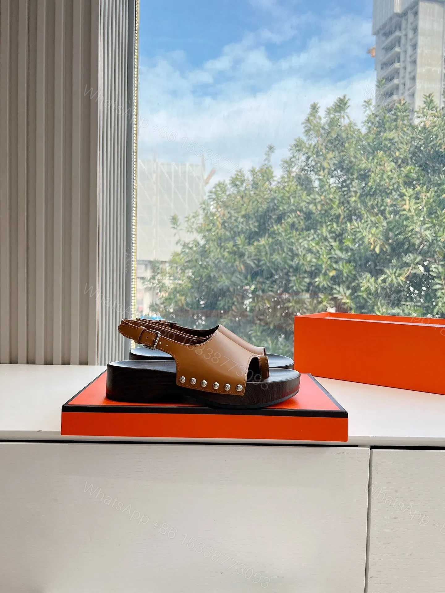 View 2 of Hermes Women Brown Leather Slingback Sandals