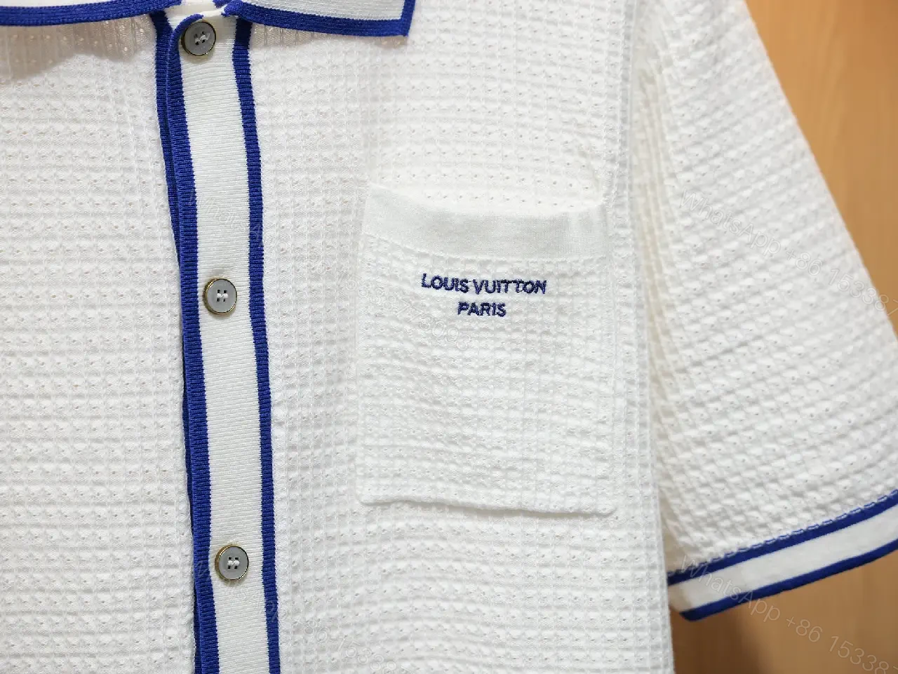 View 11 of White Polo Shirt Dress Knit with Blue Trim Subtle Louis Vuitton Label