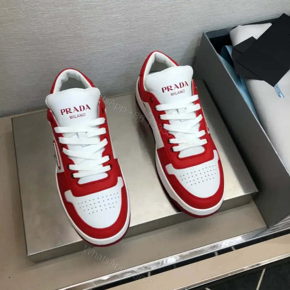 View 7 of PRADA DOWNTOWN LEATHER SNEAKERS IN WHITE AND LACQUER RED- PRD012