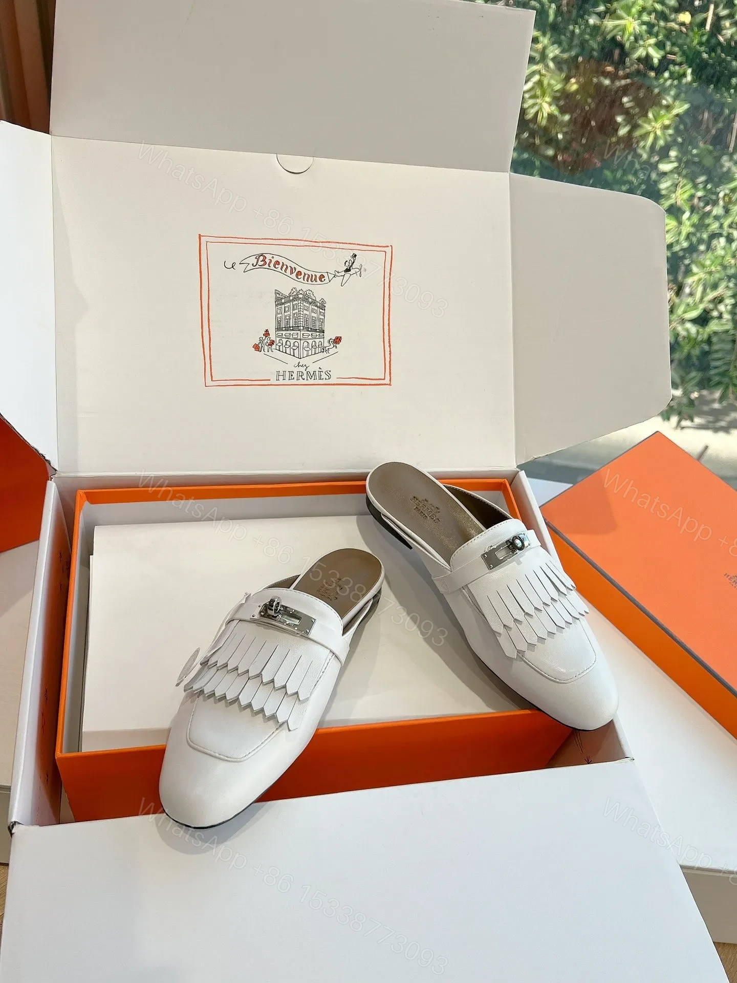 View 5 of Hermes Women White Leather Fringe Mules