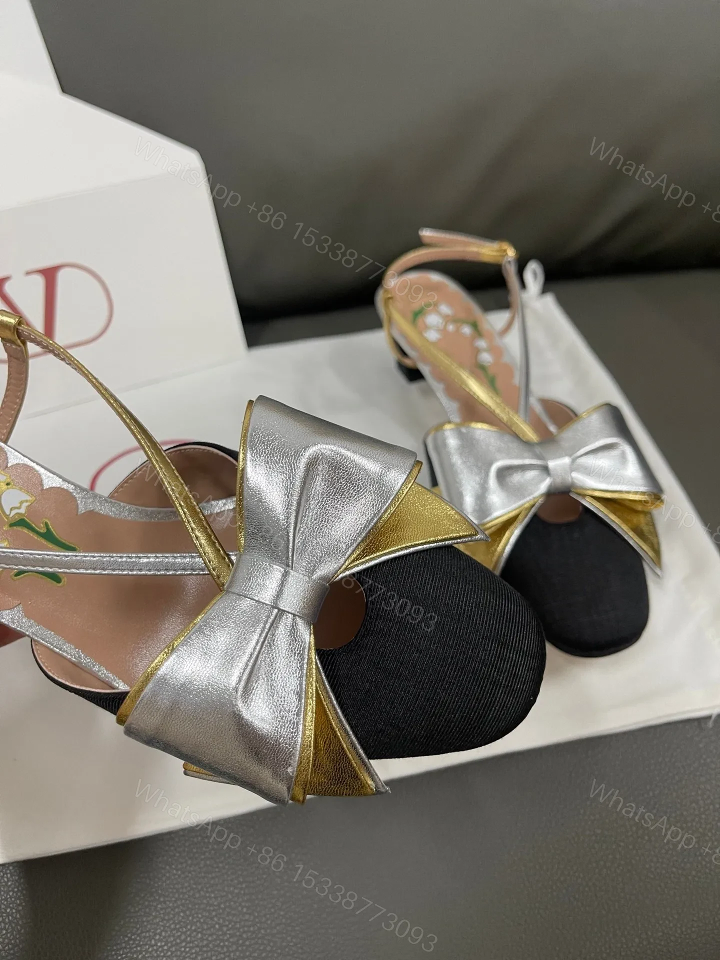 View 6 of Valentino Women Black Satin Silver Gold Leather Heels