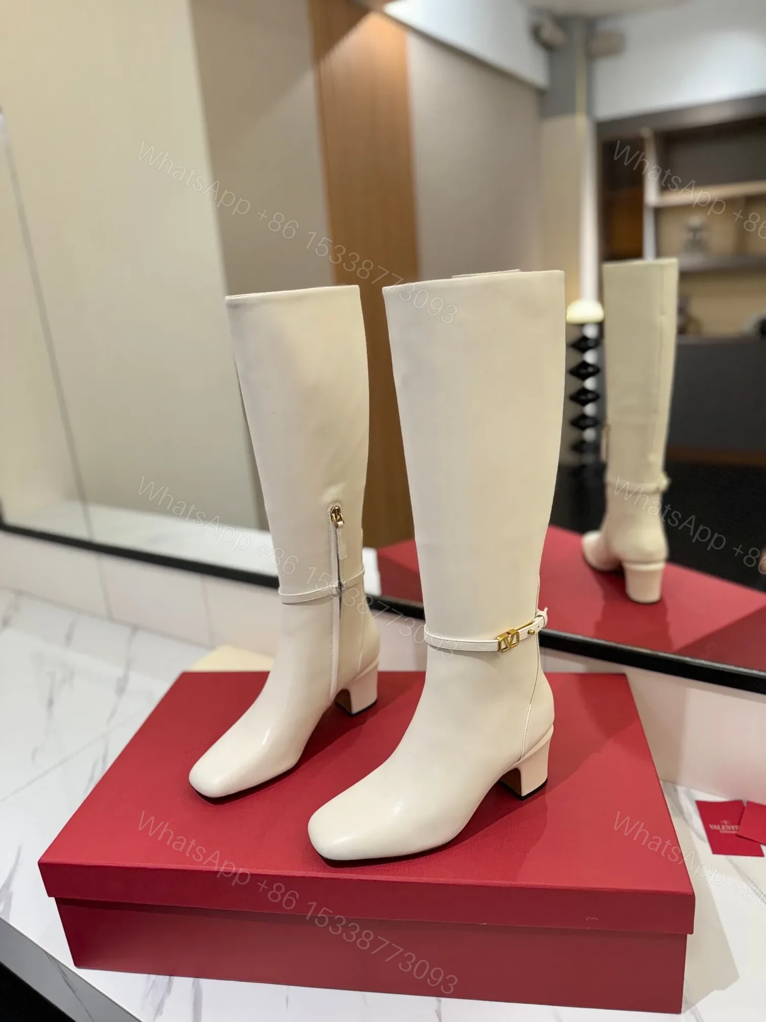 View 3 of Valentino Women White Leather Knee High Boots