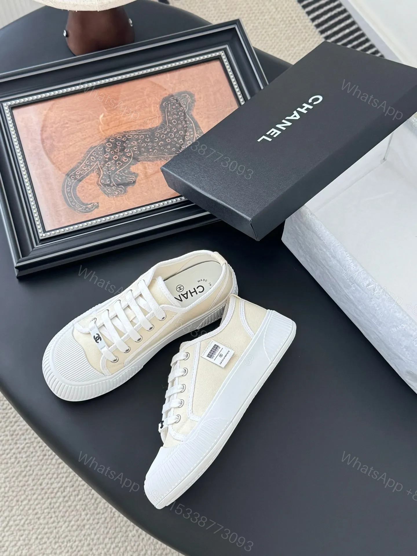 View 4 of Chanel Women White Canvas Lace-Up Sneakers