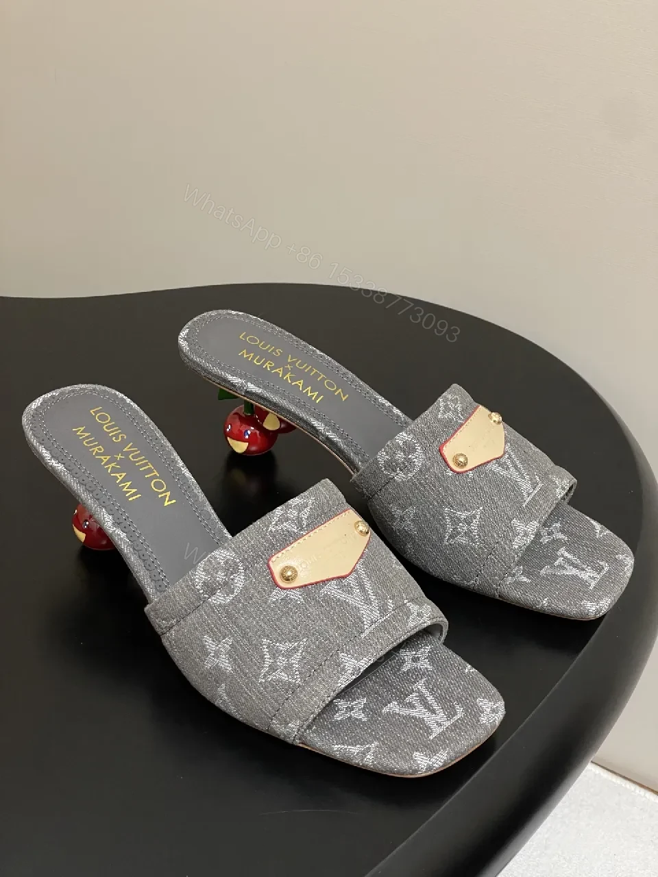 View 9 of Grey Velvet Monogram Mules with Leather Accents: Elevated Comfort
