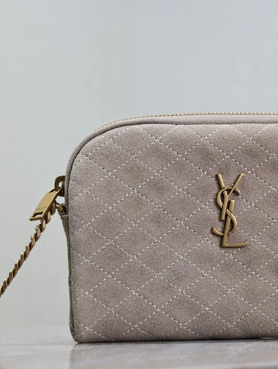 View 7 of Taupe Faux-Suede Quilted Crossbody, Elegant, Compact, Zippered Bag