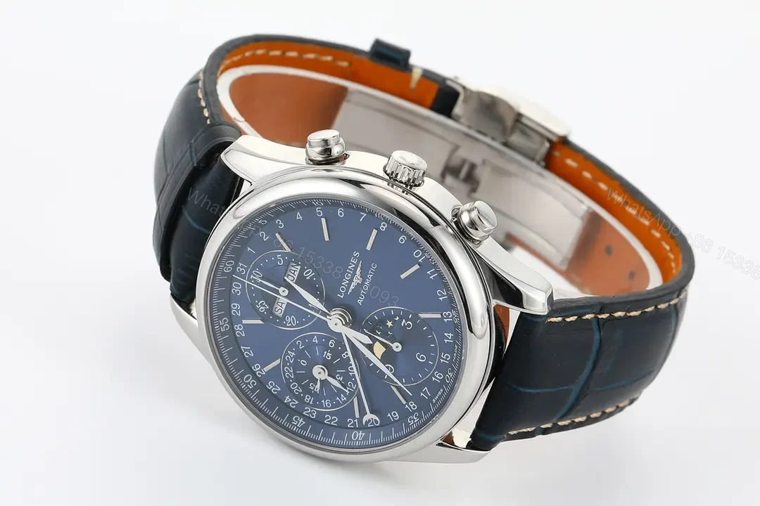 View 5 of Longines Master Collection Moonphase Blue Dial Automatic Watch with Leather Strap