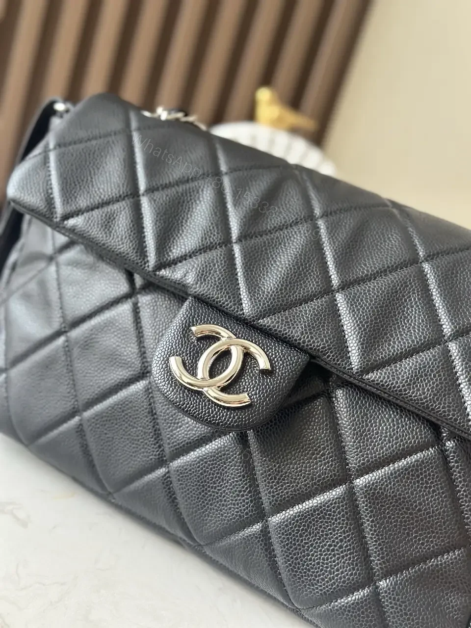 View 2 of Quilted Black Leather Satchel with Silver Chain
