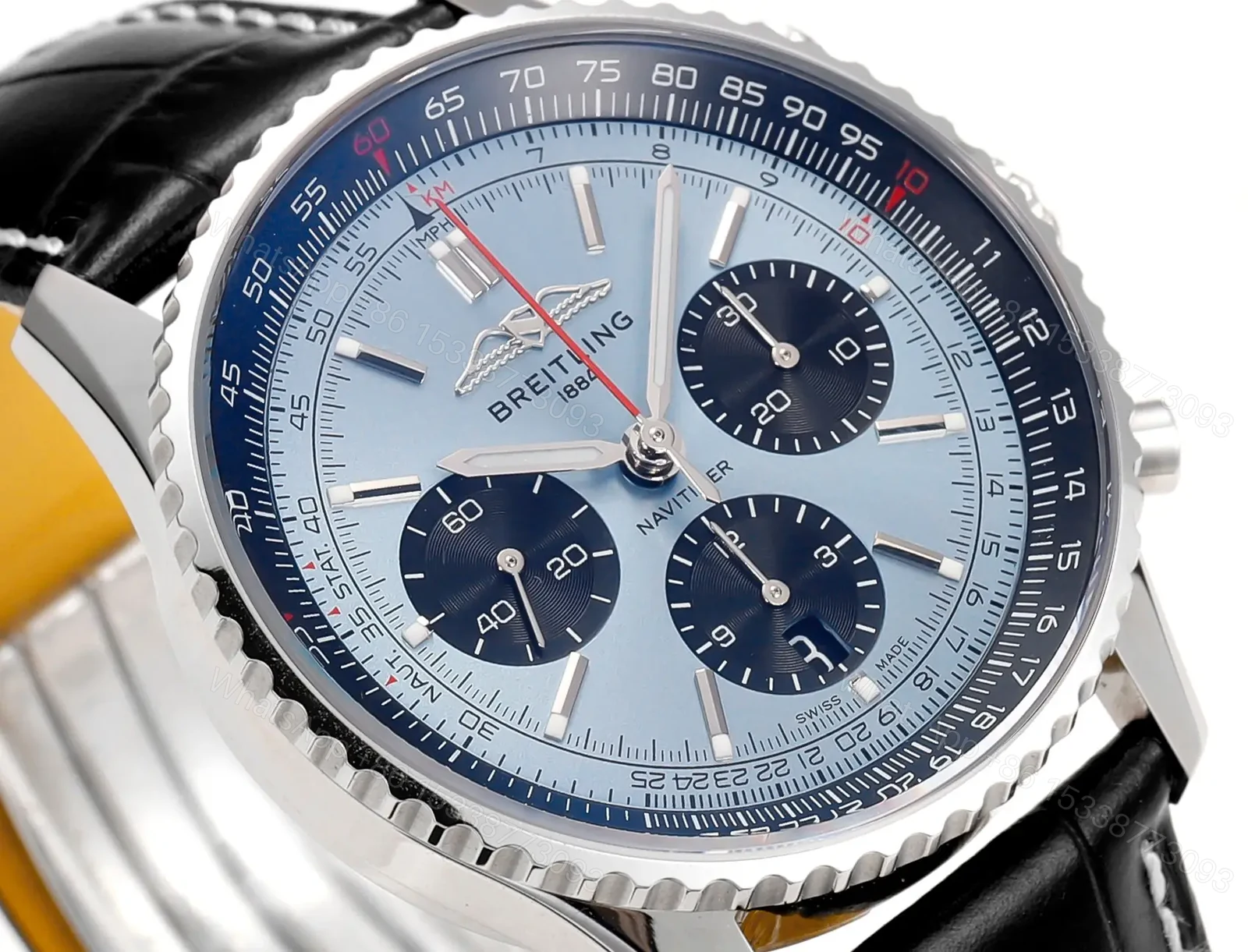 View 4 of Super Clone Breitling Navitimer B01 Ice Blue Leather Strap 43MM Premium AB0138241C1P1