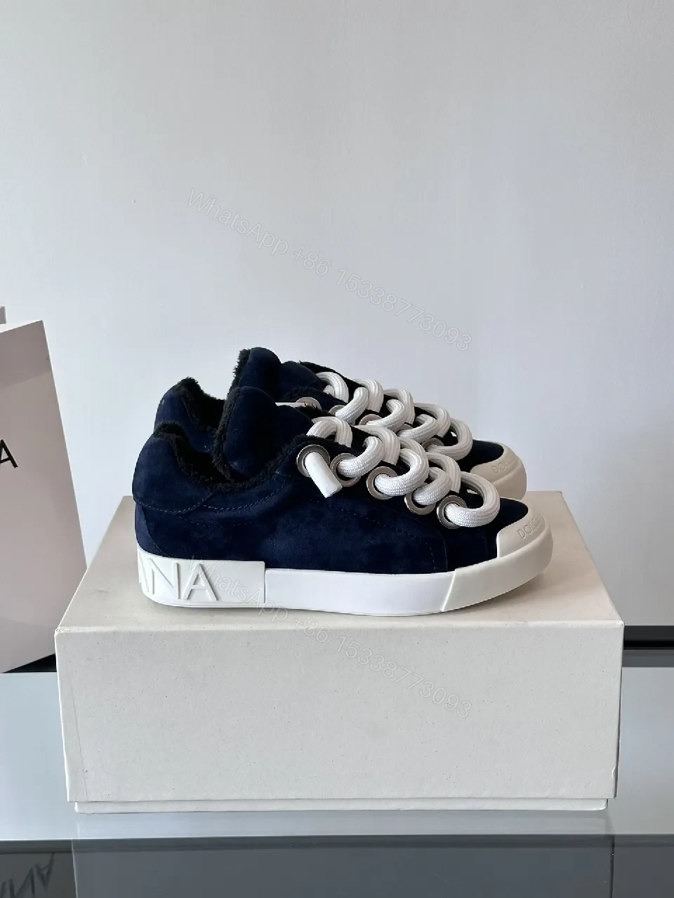 View 5 of Navy Suede High-Top Sneakers with Bold Laces and Comfort