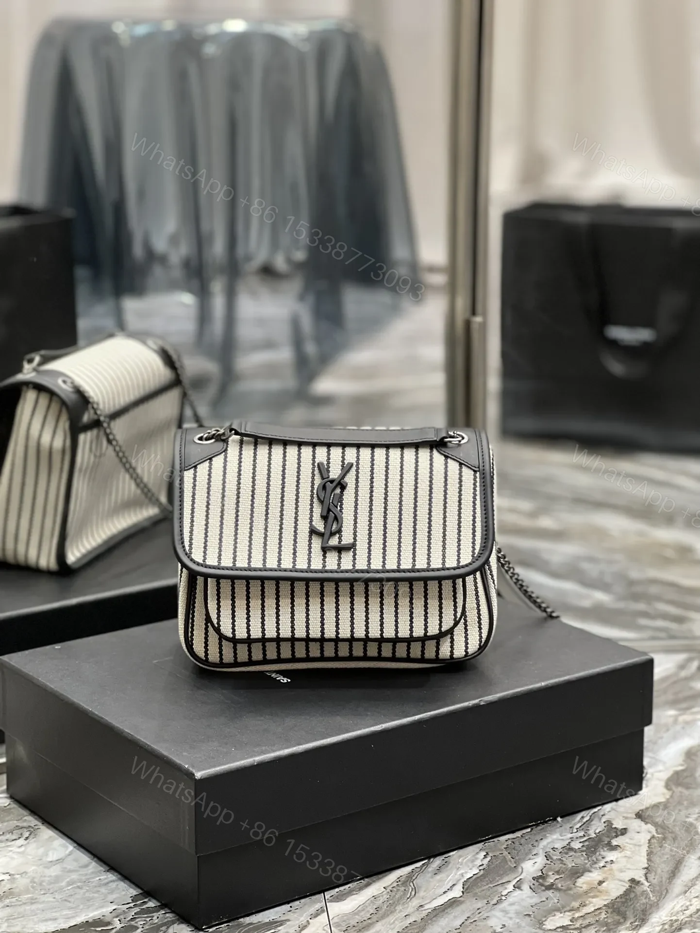 View 2 of Saint Laurent Cotton Canvas Striped Vintage Calfskin Monogram Medium Niki Chain Satchel