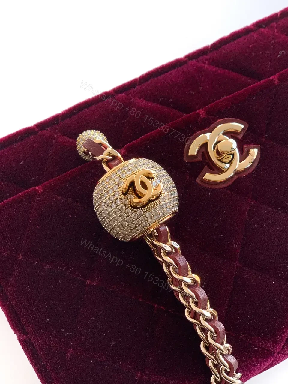 View 6 of Velvet Crossbody Bag: Burgundy, Gold Hardware, Quilted Chic