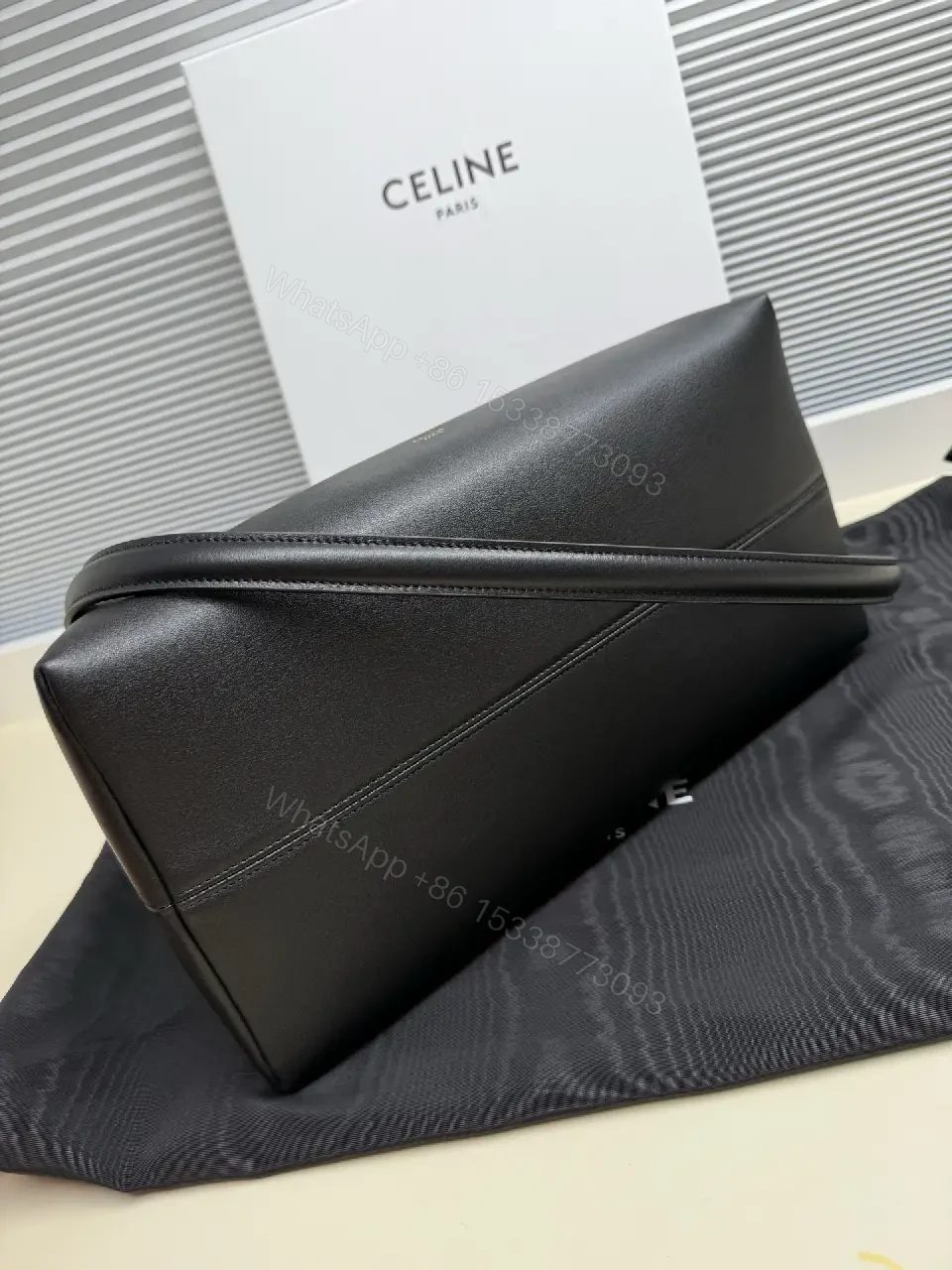 View 3 of Black Leather Minimalist Satchel with Gold Hardware, Structured
