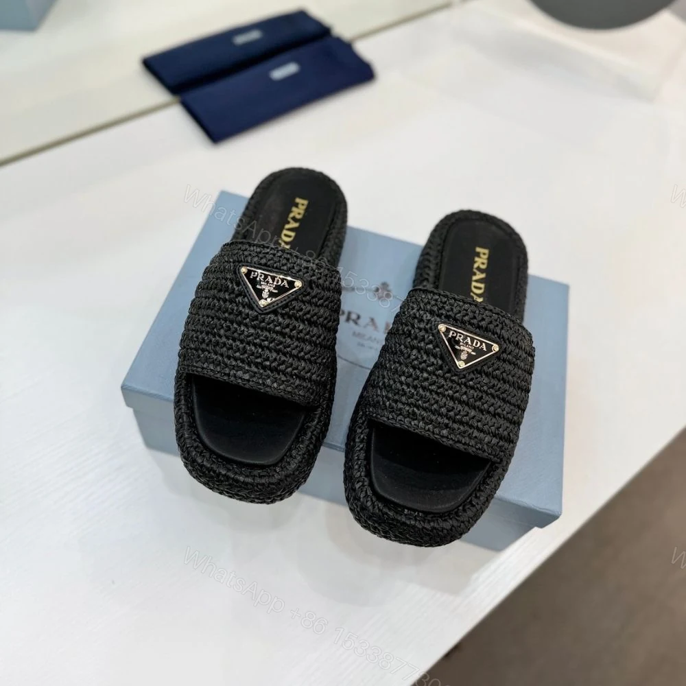 View 3 of Prada Natural Crochet Flatform Slides Gold Hardware Black