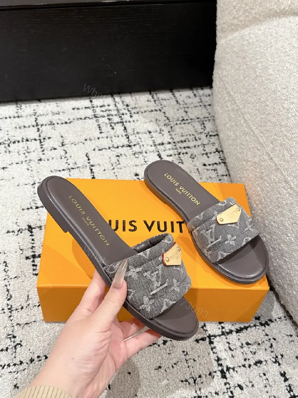 View 8 of Monogram Textile Slides: Gold Accent, Comfort Footbed, Luxury Slide