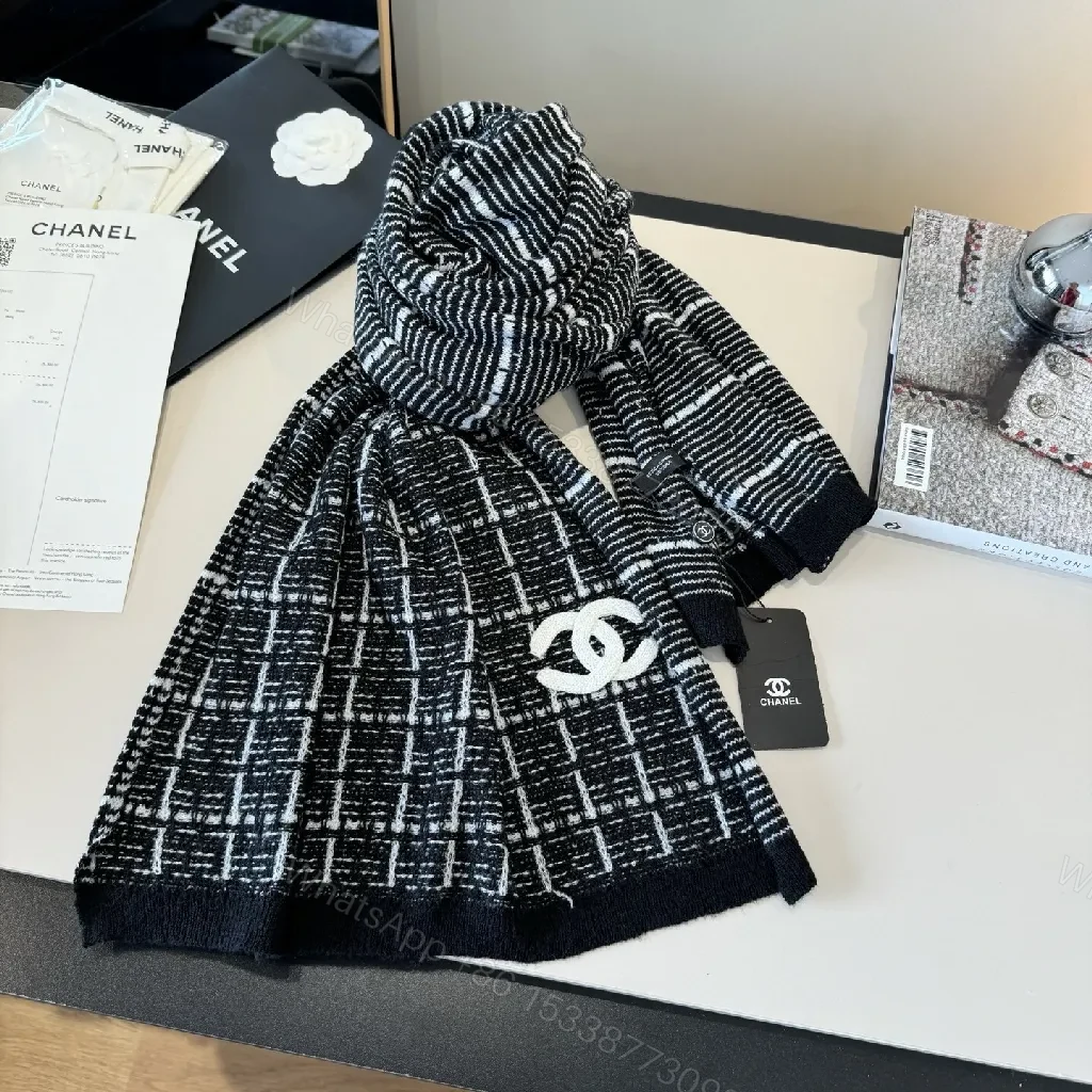 Monochrome Knit Scarf-Wrap: Luxe Logo Detail, Grid Pattern — view 1