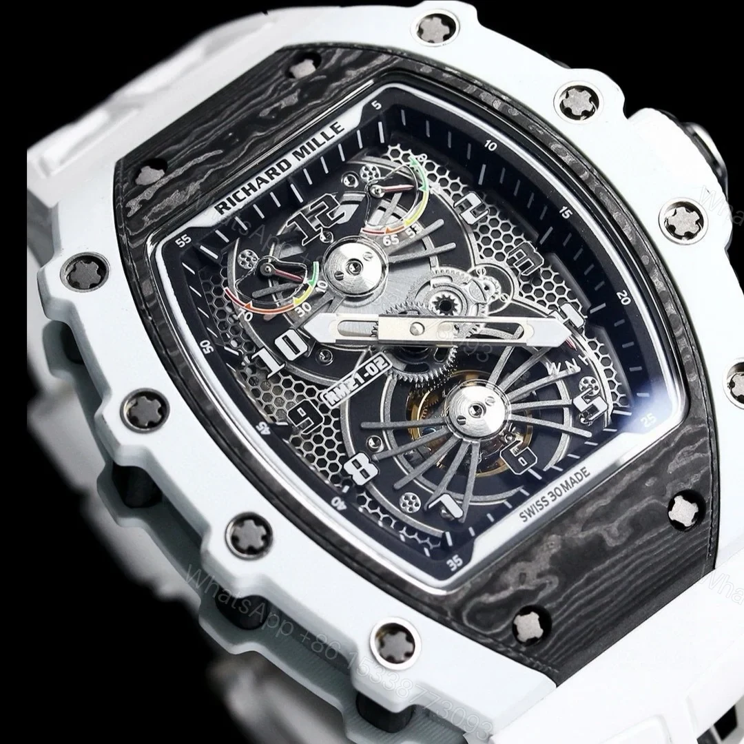 View 4 of Richard Mille RM21-01 Automatic Skeleton Watch 40MM Black Carbon Fiber Case White Bezel White Strap Premium Edition RM-RM21-01-BLK-CARBON-WHT-40