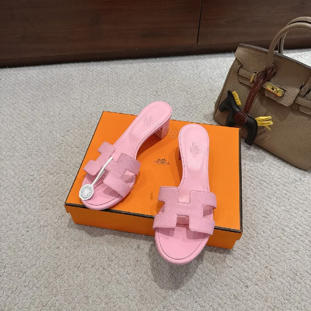 View 9 of Pink Leather Hermès-Style Slide Sandals with H-Logo Strap