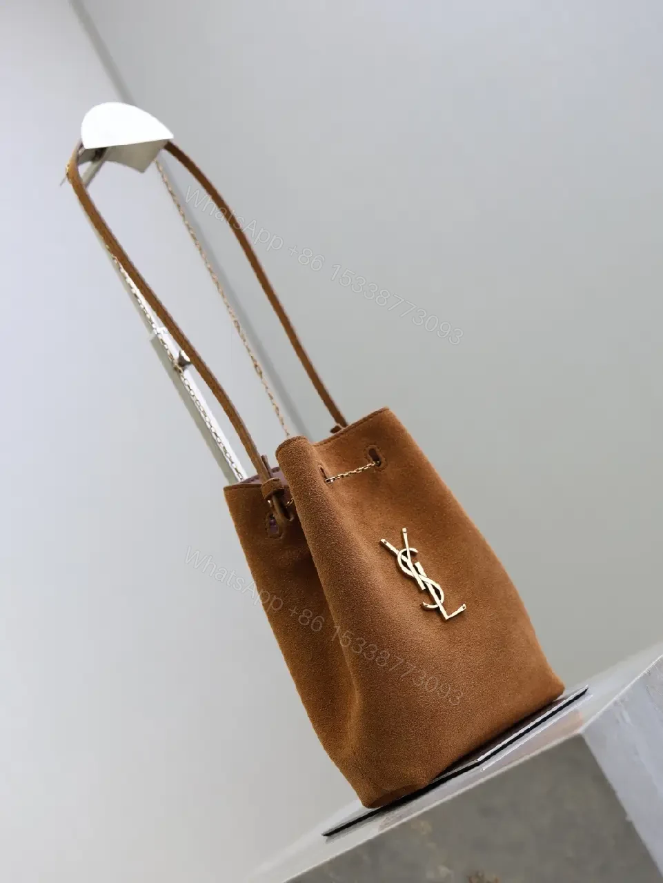 View 7 of Brown suede YSL-inspired shoulder bag with gold-tone chain strap