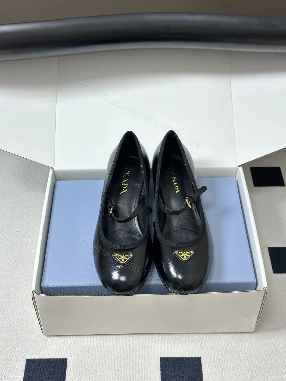 View 9 of Black Leather Mary Jane Heels with Logo Accent, Prada-inspired style