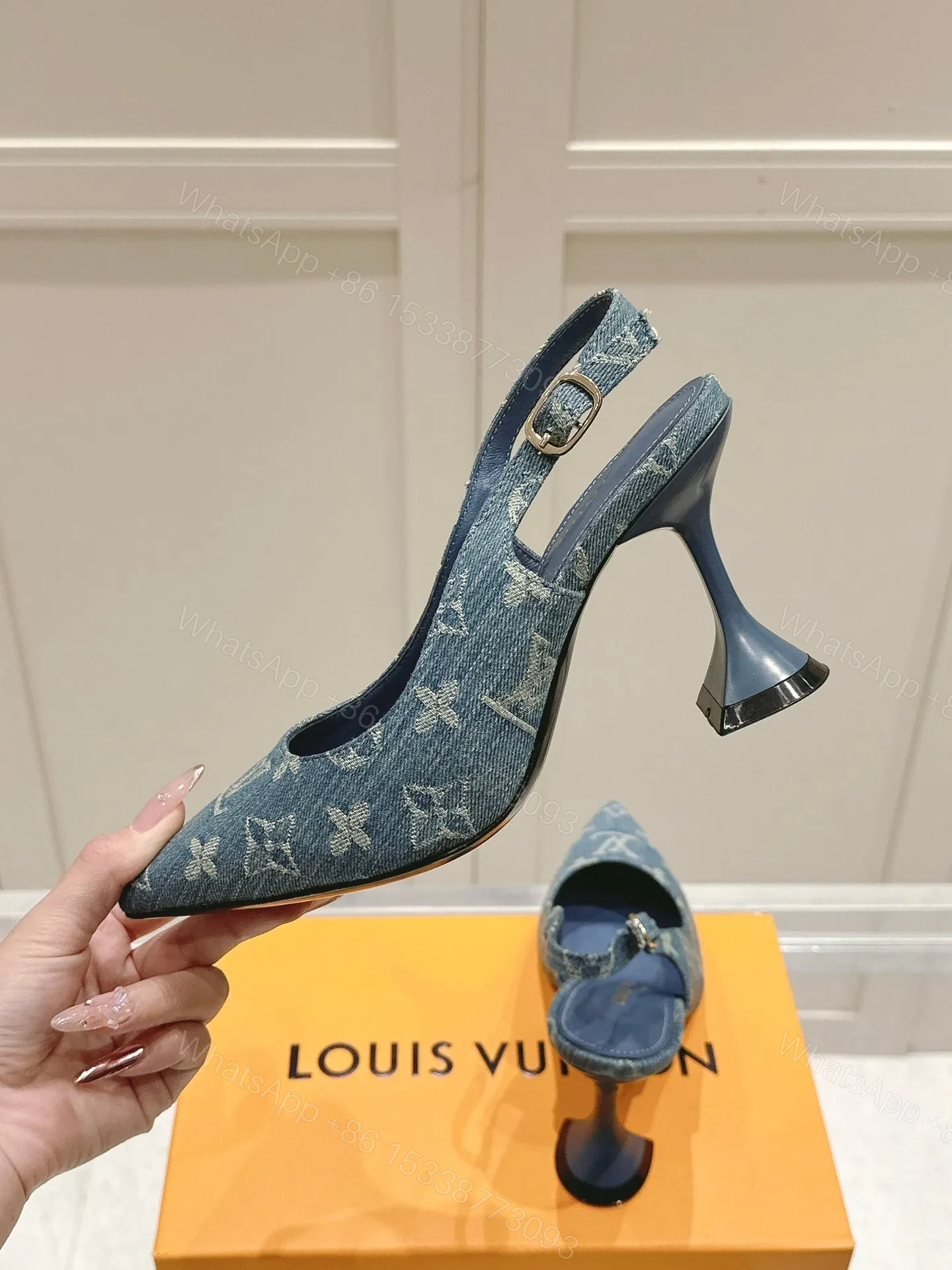 View 6 of LV Women Blue Denim Leather Trim Slingback Heels