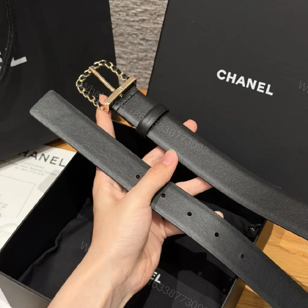 View 5 of Black Leather Belt Leather Luxury/Sleek Chain-Linked Buckle Accent Belt