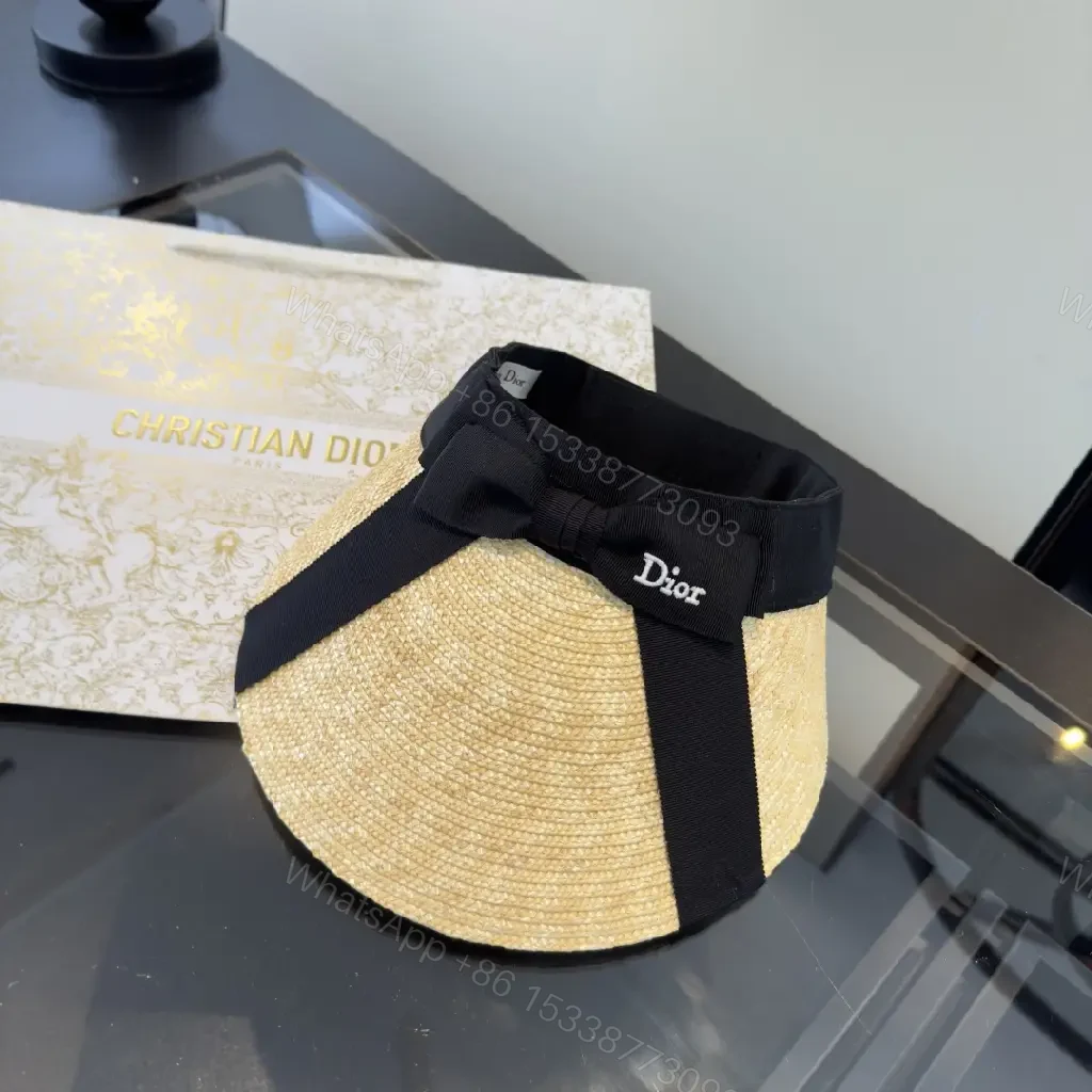 View 5 of Beige Straw Chic Sun Hat Visor, Woven, Faux Dior Ribbon