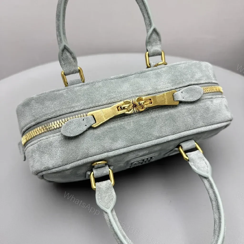 View 5 of Grey Suede Satchel — Structured Luxe, Gold Accents, Everyday Carry
