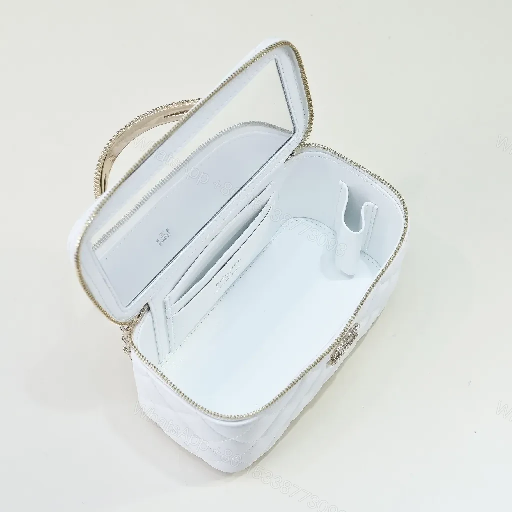 View 2 of Compact White Quilted Crossbody with Silver Chain Emblem