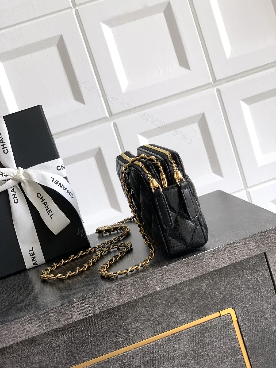 View 7 of Quilted Black Leather Shoulder Bag: Gold Hardware Chic