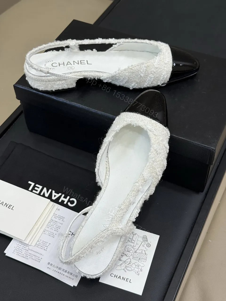 View 6 of White Tweed Patent-Toe Slingback Pumps with Mid-Heel