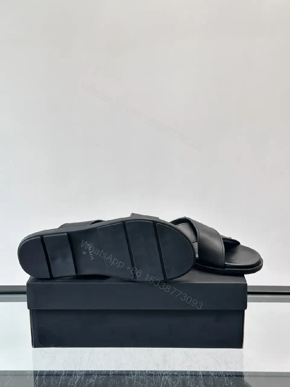 View 5 of Black Leather Slides Prada Logo Slide Sandals Comfort Fit Sandals