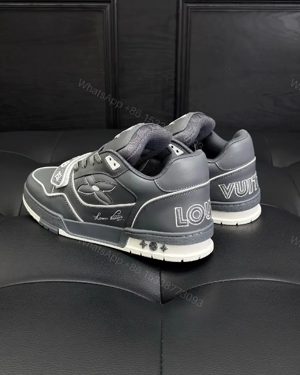 View 5 of Grey Leather Structured Sneakers with Velcro Detail