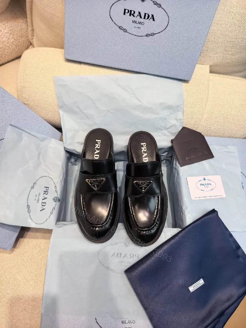 View 8 of Black Leather Prada Mules with Logo Detail Sliders, Women’s Fashion
