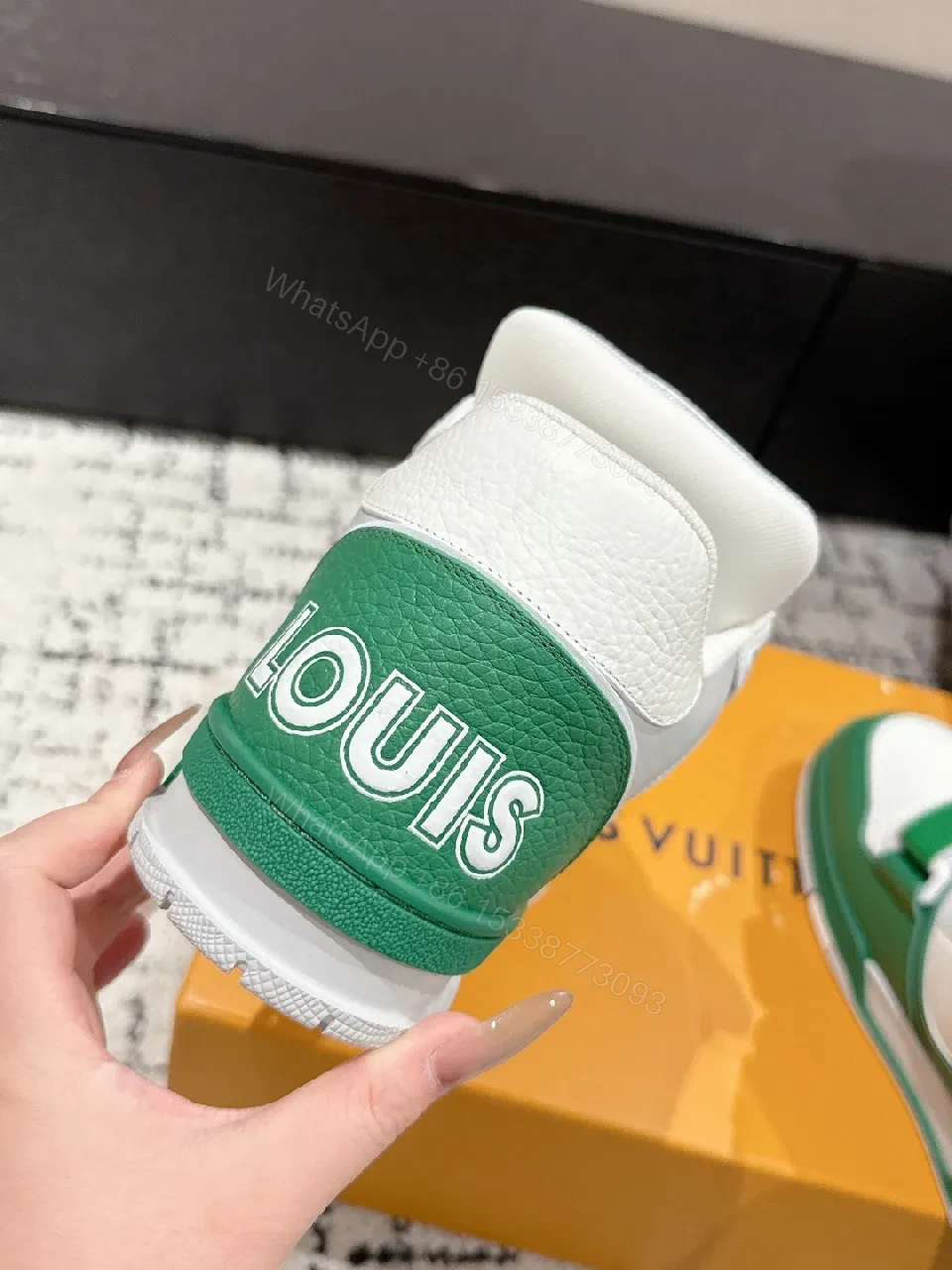 View 4 of White-Green Luxury Trainers: Textured Leather, Midfoot Strap Sneaker