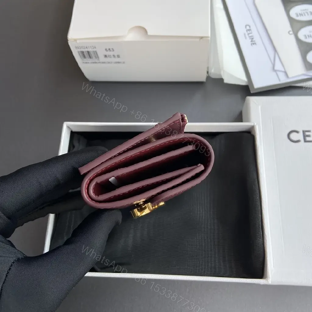 View 10 of Burgundy Leather Wallet with Gold Clasp - Compact Elegance