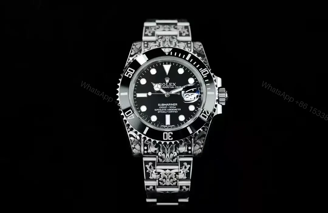 Best Rolex Submariner Hand-Carved Black replica 40MM Engraved Steel Bracelet Edition RG-SUB-HANDCARVED-BLACK-BRACELET-40 — view 1