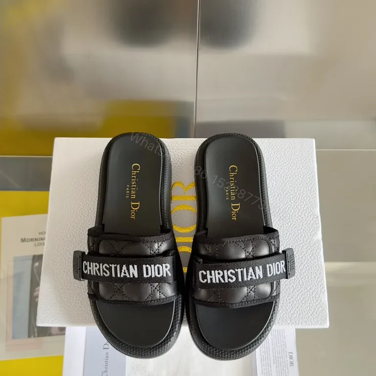 Black Imitation Dior Slide - Quilted Straps, Comfortable Key Feature Slides — view 1