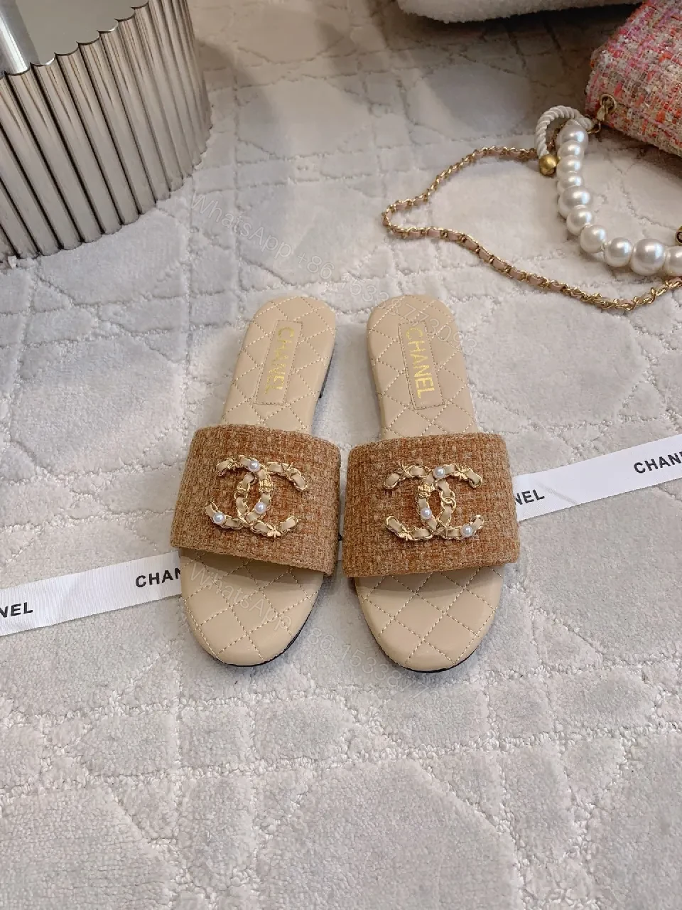 View 5 of Quilted Slides with Crystal Emblem - Luxe Everyday Comfort