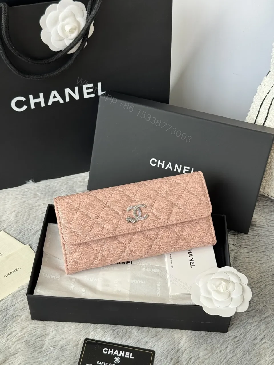 Soft Pink Quilted Wallet with Silver Emblem - Compact Luxury Wallet — view 1
