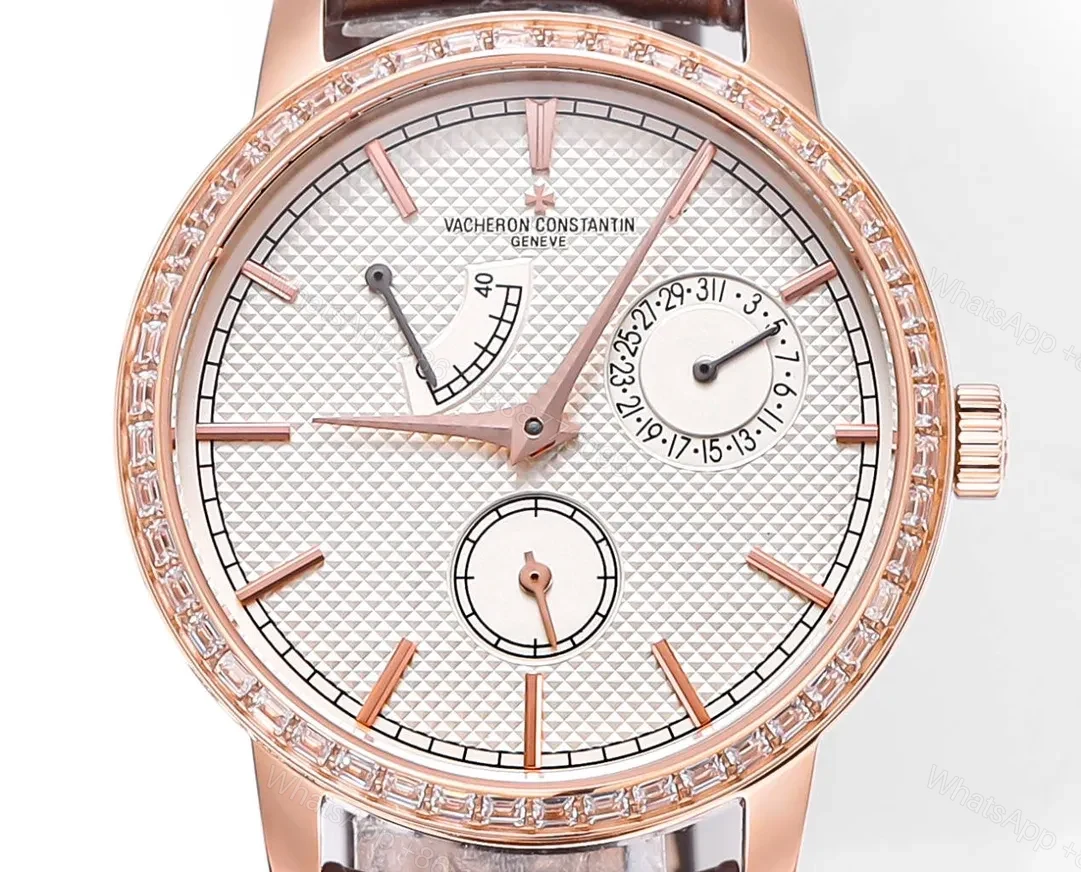 View 8 of GS Factory Vacheron Constantin Traditionnelle 83520/000R-9909 Rose Gold Mechanical Watch with Brown Leather Strap – Multi-Function with Power Reserve, Date, and Small Seconds