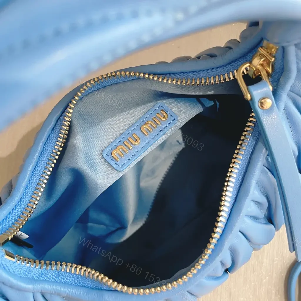 View 5 of Bright Royal Blue Quilted Crescent Handbag with Gold Miu Miu Logo